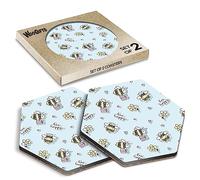 2 x Hexagon Coasters - Bee Happy Cute Bumble Honey Cork Backed MDF Glossy Tea Coffee Accessory #170083