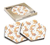 2 x Hexagon Coasters - Fox Vixen Animal Leaves Flowers Cork Backed MDF Glossy Tea Coffee Accessory #170323