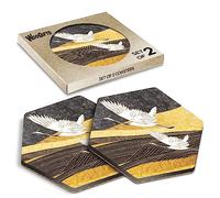 2 x Hexagon Coasters - Gold Flying Crane Bird Japanese Art Cork Backed MDF Glossy Tea Coffee Accessory #51036