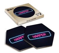 2 x Hexagon Coasters - Neon Sign Design Harper Name Cork Backed MDF Glossy Tea Coffee Accessory #351975