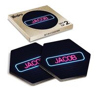 2 x Hexagon Coasters - Neon Sign Design Jacob Name Cork Backed MDF Glossy Tea Coffee Accessory #352013