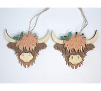 2 x Highland Cow Christmas Decoration Tree Ornament Wooden Hairy Coo With Holly Embelishment And Twine To Hang