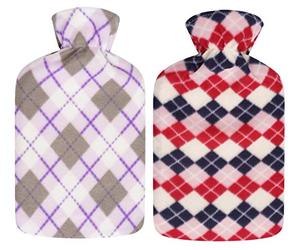 2 x Hot Water Bottles with Soft Fleece Cover - Natural Rubber 2 Litre Capacity - (Diamonds)