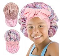 2 x Kids Caps for Girls Silk Bonnet for Kids Boys Double Layer Reversible Satin Sleep Cap for Kids (4-12 Years) (Pink+Rainbow Pink)