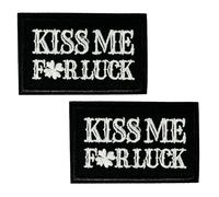 2 x Kiss Me for Luck Iron-On Patches - 7.8 x 5cm Embroidered Black & White Lucky Clover Badges for Jackets, Biker Vests, Bags, St Patrick’s Day, Humour Gifts & Patch Collectors