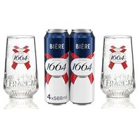 2 x Kronenbourg 1664 Official Branded Pint Glasses and 4 x Kronenbourg 1664 BIERE Lager 568ml Pint Cans | ABV 4.6% - Signature Drinks Gift Set