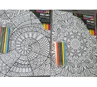 2 x Large Adult Colour Therapy Velvet Art Pictures & Felt Pens 11" x 15" Patterns