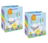 2 x Large Happy Easter Gift Bags Chick Bunny Lamb with decorated Eggs 13"x10.5"