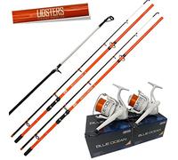 2 x LFS Beachcaster Sea Fishing Rod 12ft 2pc + 2 LFS Blue Ocean 70 Reel Orange Line