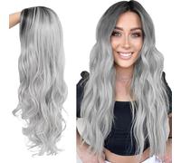 2 x Long Grey Gradient Wig, 70 cm Carnival Wig Grey, Halloween Wig Grey Gothic Wig, Silver Grey Long Curly, Wig Women, Halloween, Carnival, Role Play Party