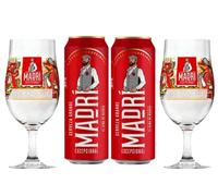 2 x Madri Excepcional Lager Limited Edition Branded Pint Glass with 2 x Madri Excepcional Lager 568ml Pint cans | ABV 4.6% |- Signature Drinks Gift Set.