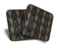 2 x MDF Glossy Top Coasters Square - Black & Gold Geometric Art Deco 12545