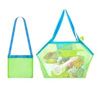 2 x Mesh Beach Bag, Reusable & Foldable Sand Game Bag for Kids, Beach, Picnic, Swimming Pool & Linen, Ideal for Family Holidays, Large & Small, Green