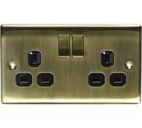 2 x Metal Antique Brass Double Plug Socket Switch - Antique Brass Black
