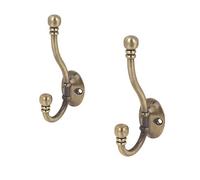 2 x Metal Double Antique Brass Hat and Coat Hooks Door Robe Dress Ball End