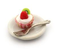 2 x MyTinyWorld Miniature Strawberry And Kiwi Cupcake In A Pink Paper Cup On A Plate With A Forks