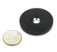 2 x Neodymium magnet system Ø 43 mm black rubber-coated with countersunk hole - holds 10 kg - 2 pieces - Flat magnet rubber coated with bore & countersink for screwing