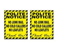 2 x No Cold Callers Junk Mail or Leaflets Door Warning Sign Self Adhesive Backed Stickers each 100 x 80mm