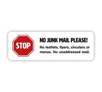 2 x No Junk Mail Stickers - Self-adhesive Sign in White for Door or Letterbox (Medium 99 x 33 mm)
