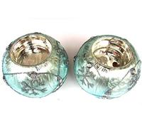 2 x Pale Damask Blue Peacock Colors Gold Glitter Gem Glass Bauble Tea Light Candle Holder