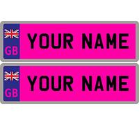 2 x Personalised Self-Adhesive GB Union Jack Flag Pink 14 x 4 cm Number Plate Stickers For Childrens Kids Ride on Car, Bike, Bedroom Doors, Wheelchair, Mobility Scooter by Ellis Graphix