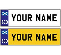 2 x Personalised Self-Adhesive Scotland Flag 14 x 4 cm Number Plate Stickers For Childrens Kids Ride on Car, Bike, Bedroom Doors, Wheelchair, Mobility Scooter by Ellis Graphix