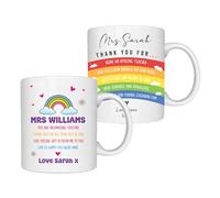 2 x Personalised Teachers Thank You Gift for Woman Mug 11oz Best Present Teaching Assistant 11oz Coffee Tea Multipack Nursery Teacher Gift Rainbow