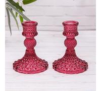 2 x Pink Vintage Retro Glass Harlequin Dinner Candle Candlestick Holder Set