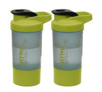 2 x Protein Shaker Bottle 600ml with Leakproof Screw Lid, Steel Mixing Ball & Storage Compartment Gym/Sports Shaker Drink Bottle for Protein Shakes BPA Free Protein Powder Shaker Cup (Green + Green)