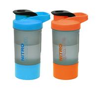 2 x Protein Shaker Bottle 600ml with Leakproof Screw Lid, Steel Mixing Ball & Storage Compartment Gym/Sports Shaker Drink Bottle for Protein Shakes BPA Free Protein Powder Shaker Cup (Blue + Orange)