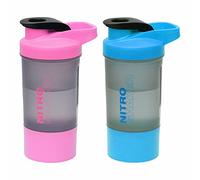 2 x Protein Shaker Bottle 600ml with Leakproof Screw Lid, Steel Mixing Ball & Storage Compartment Gym/Sports Shaker Drink Bottle for Protein Shakes BPA Free Protein Powder Shaker Cup (Pink + Blue)
