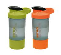 2 x Protein Shaker Bottle 600ml with Leakproof Screw Lid, Steel Mixing Ball & Storage Compartment Gym/Sports Shaker Drink Bottle for Protein Shakes BPA Free Protein Powder Shaker Cup (Orange + Green)
