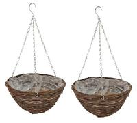 2 x Rattan Hanging Baskets 12” - Round Outdoor Planters with Liner & Chains - Garden Ready Weather Resistant Wicker 12 Inch Basket Flower Pots - Set of 2 30cm Baskets for UK Gardens Plants & Flowers
