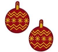 2 X Red Christmas Bauble Embroidered Iron-On Patch - Festive Ornament Design with Gold Zigzag & Snowflakes - Holiday Clothing & DIY Decor Appliqué - 4 x 4 cm