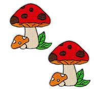 2 x Red & Orange Mushrooms Toadstool Shroom Iron On Patch (5.4 x 4.7cm) - Cute Embroidered Forest Mushroom Badge for Jackets, Jeans, Bags & DIY Crafts - Fairycore