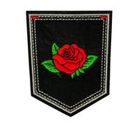 2 x Red Rose Bud Flower Shield Black Iron On Patch (9 x 7.6cm) - Embroidered Floral Badge for Jackets, Jeans, Bags & Clothing - Vintage Red Rose Motif Patch for DIY Fashion