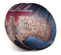 2 x Round Coasters - Australian Flag Map Australia - Cork Backed Home Kitchen Accessory Tea Coffee Mug Mat #21170