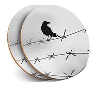 2 x Round Coasters - Black Crow Silhouette Barbed Wire - Cork Backed Home Kitchen Accessory Tea Coffee Mug Mat #36897