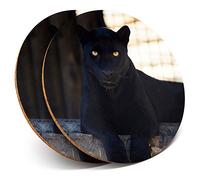 2 x Round Coasters - Black Panther Wild Big Cat - Cork Backed Home Kitchen Accessory Tea Coffee Mug Mat #3113