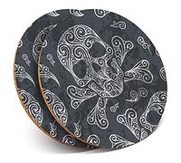 2 x Round Coasters - Black Swirly Skull Skulls Goth - Cork Backed Home Kitchen Accessory Tea Coffee Mug Mat #8184