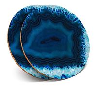 2 x Round Coasters - Blue Agate Geode Effect Glossy Coasters/Tabletop Protection for Any Table Type #3437