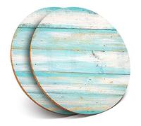 2 x Round Coasters - Blue Distressed Wood Seaside Surf - Cork Backed Home Kitchen Accessory Tea Coffee Mug Mat #15868