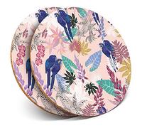 2 x Round Coasters - Blue Macaw Parrot Print Flowers - Cork Backed Home Kitchen Accessory Tea Coffee Mug Mat #16035