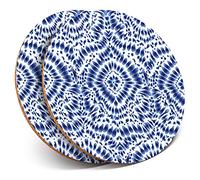 2 x Round Coasters - Blue White Tie Dye Pattern Retro - Cork Backed Home Kitchen Accessory Tea Coffee Mug Mat #14869