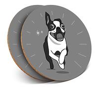 2 x Round Coasters - Boston Terrier Cartoon Dog - Cork Backed Home Kitchen Accessory Tea Coffee Mug Mat #38938