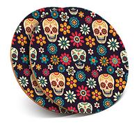 2 x Round Coasters - Colourful Flowers Skull Floral Sugar - Cork Backed Home Kitchen Accessory Tea Coffee Mug Mat #8404