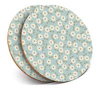 2 x Round Coasters - Cute Daisy Flowers Duck Egg - Cork Backed Home Kitchen Accessory Tea Coffee Mug Mat #2847