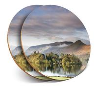 2 x Round Coasters - Derwentwater Keswick Lake District - Cork Backed Home Kitchen Accessory Tea Coffee Mug Mat #44874