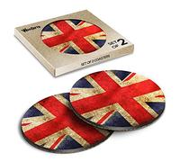 2 x Round Coasters - Distressed Union Jack Flag GB UK Cork Backed MDF Glossy Tea Coffee Accessory #56001