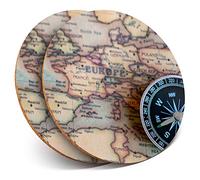2 x Round Coasters - Europe Map Compass Travel Plan - Cork Backed Home Kitchen Accessory Tea Coffee Mug Mat #21384
